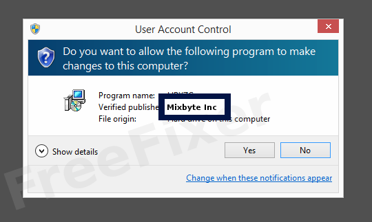 Screenshot where Mixbyte Inc appears as the verified publisher in the UAC dialog